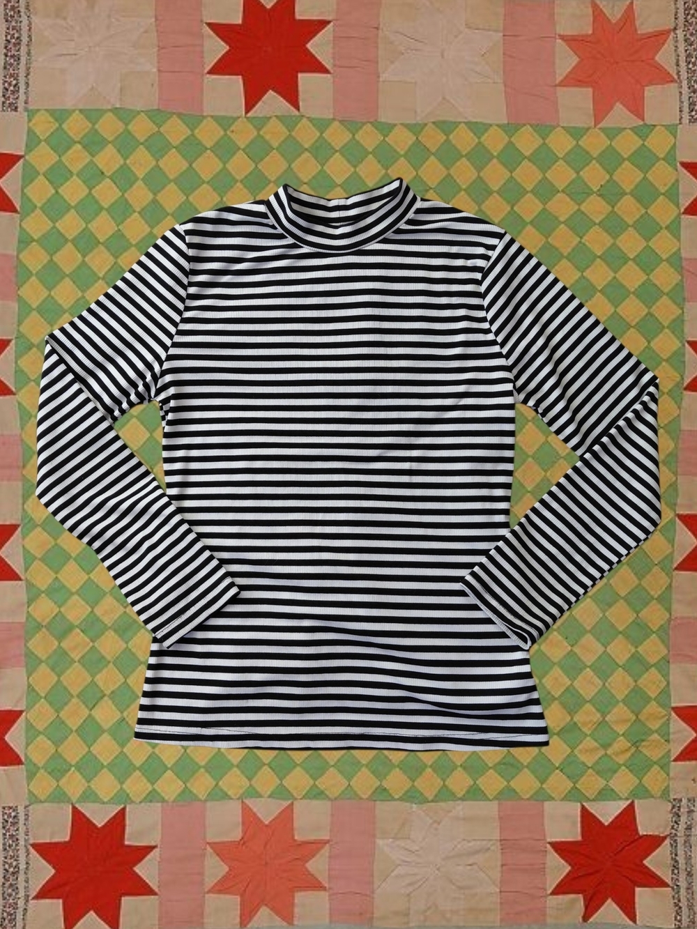 Y2K H&M Black & White Stripe Ribbed Mock Neck Long Sleeve Top Women's M